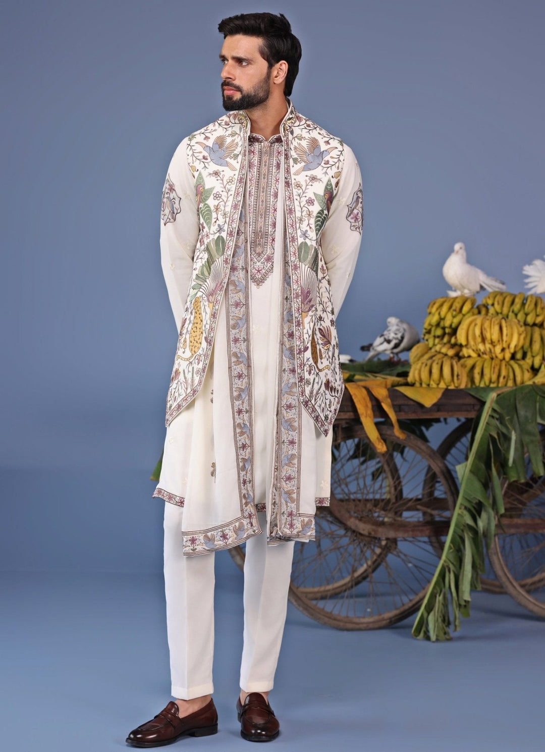 Ivory Thread Embroidered Kurta Pant Set with Jacket Kalpraag - Fabilicious Fashion