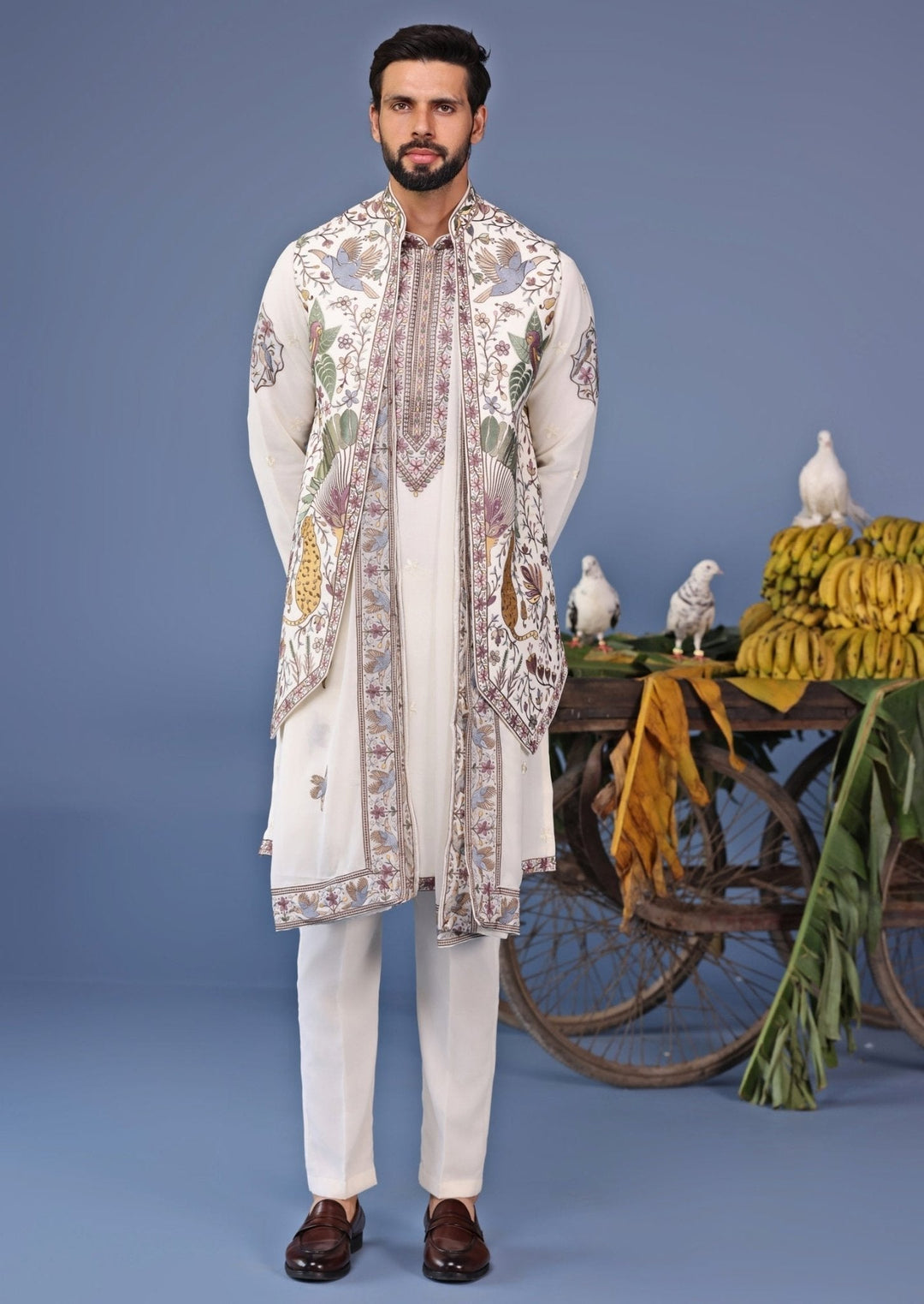 Ivory Thread Embroidered Kurta Pant Set with Jacket Kalpraag - Fabilicious Fashion