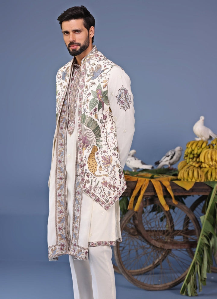 Ivory Thread Embroidered Kurta Pant Set with Jacket Kalpraag - Fabilicious Fashion