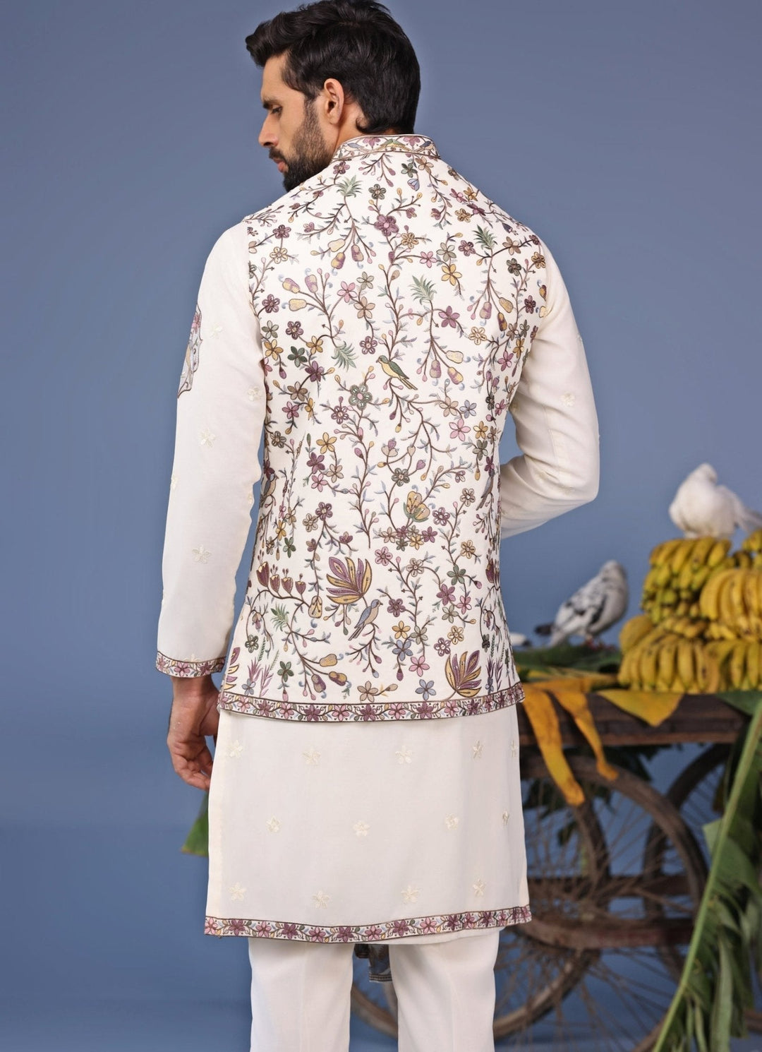 Ivory Thread Embroidered Kurta Pant Set with Jacket Kalpraag - Fabilicious Fashion