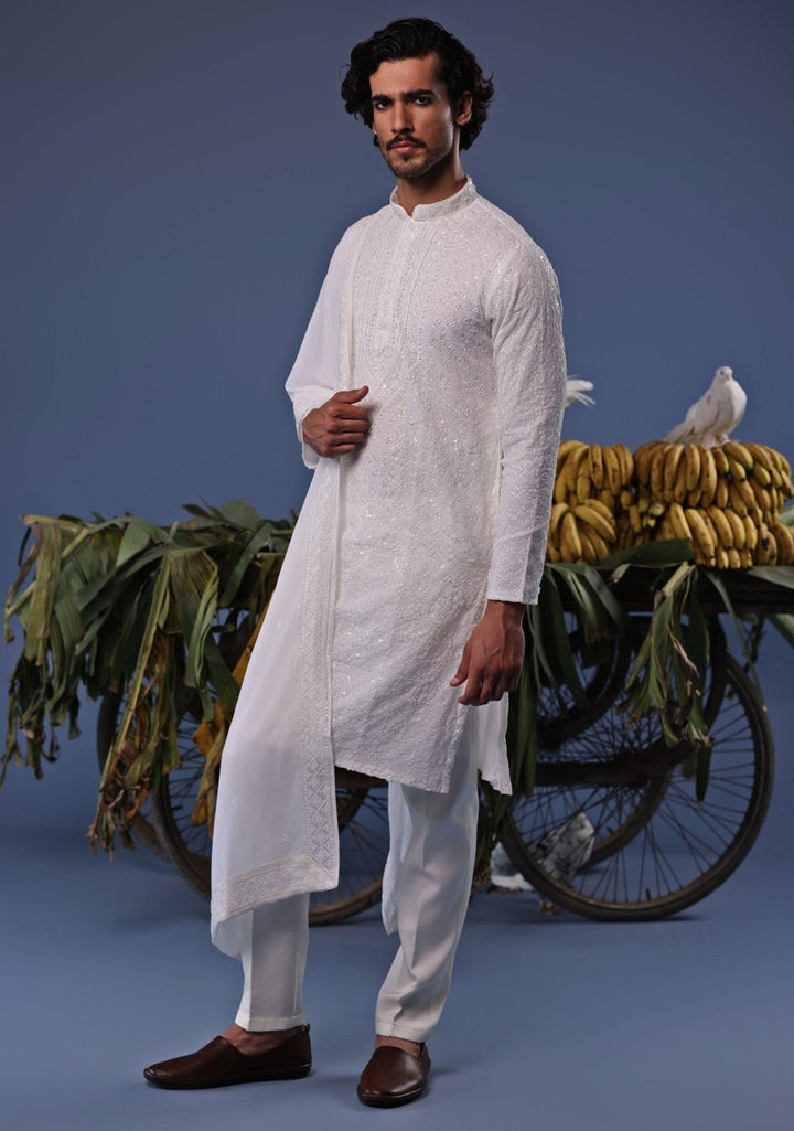 Ivory Thread Embroidered Kurta Patiala Pant Set Kalpraag - Fabilicious Fashion
