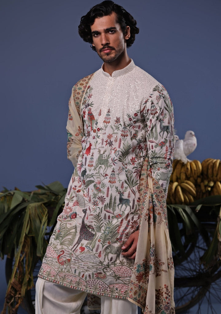 Ivory Thread Embroidered Kurta Patiala Pant Set Kalpraag - Fabilicious Fashion