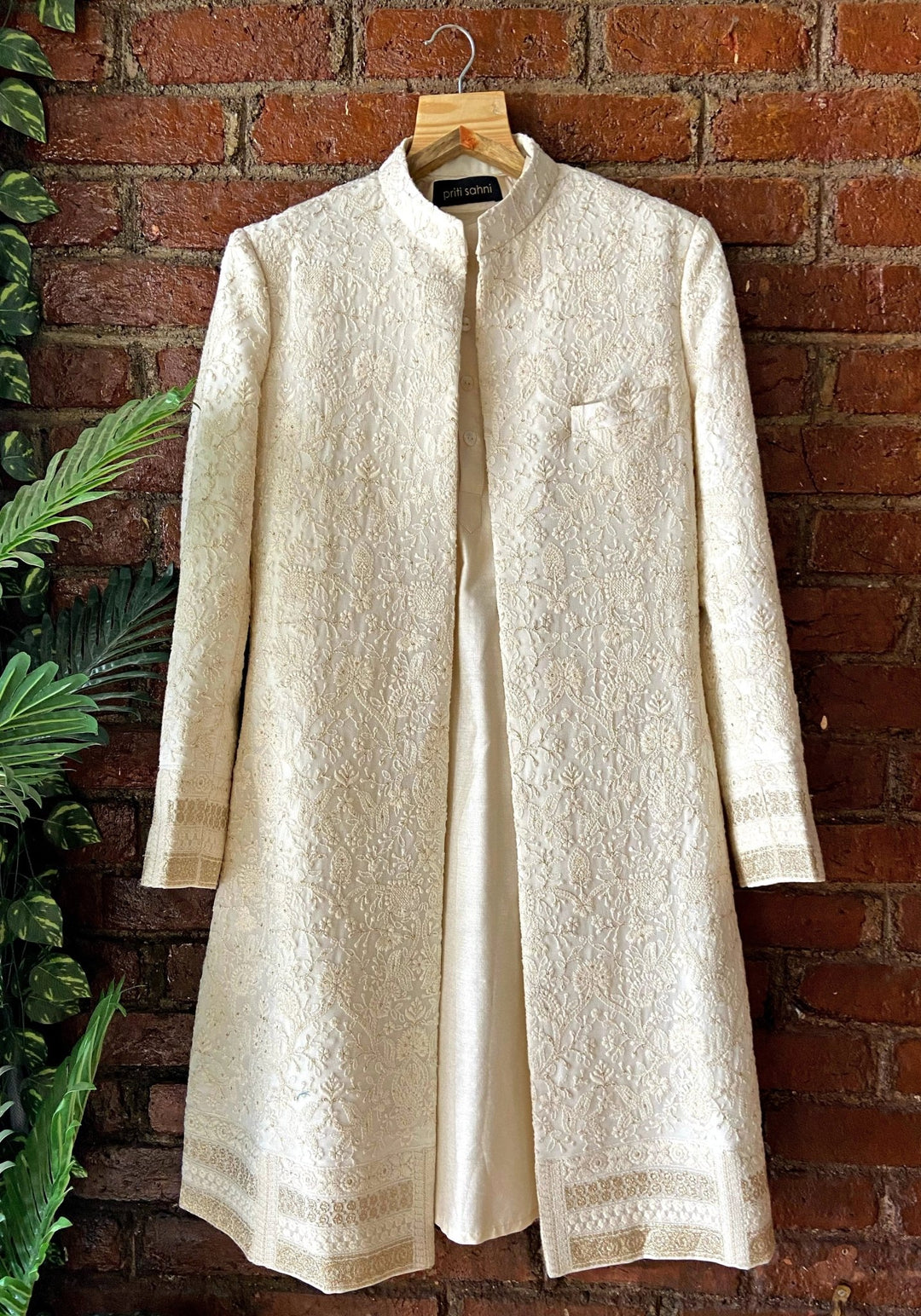 Ivory Thread Work Silk Sherwani Jacket Set Priti Sahni - Men - Fabilicious Fashion