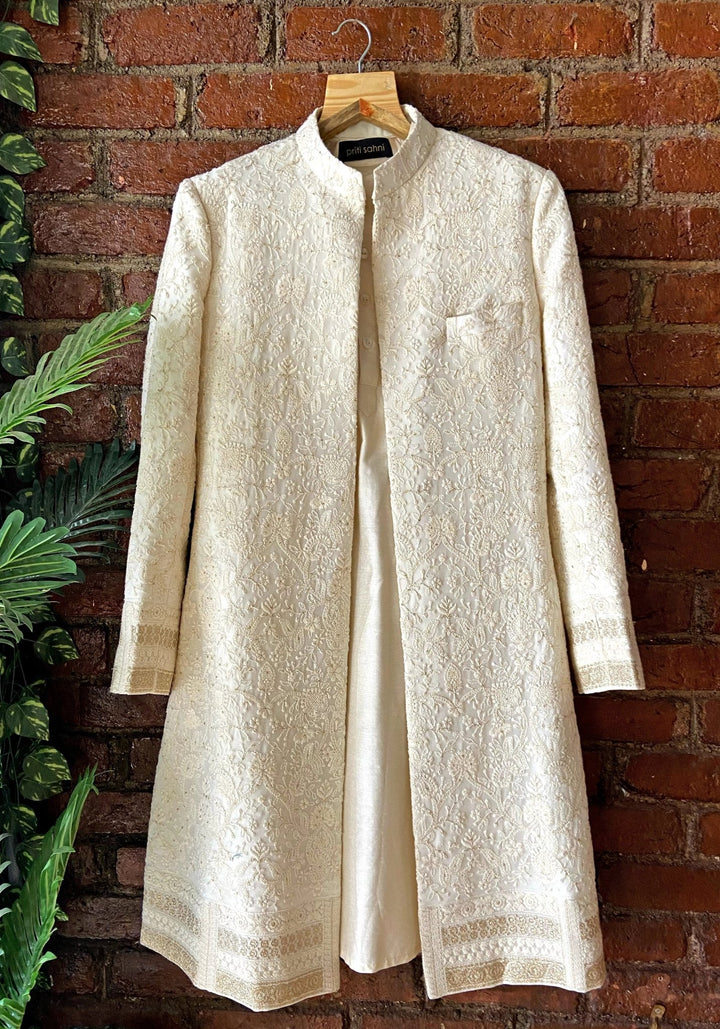 Ivory Thread Work Silk Sherwani Jacket Set Priti Sahni - Men - Fabilicious Fashion