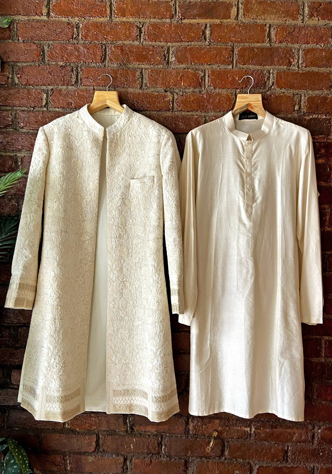 Ivory Thread Work Silk Sherwani Jacket Set Priti Sahni - Men - Fabilicious Fashion