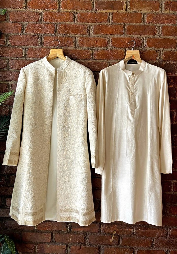 Ivory Thread Work Silk Sherwani Jacket Set Priti Sahni - Men - Fabilicious Fashion