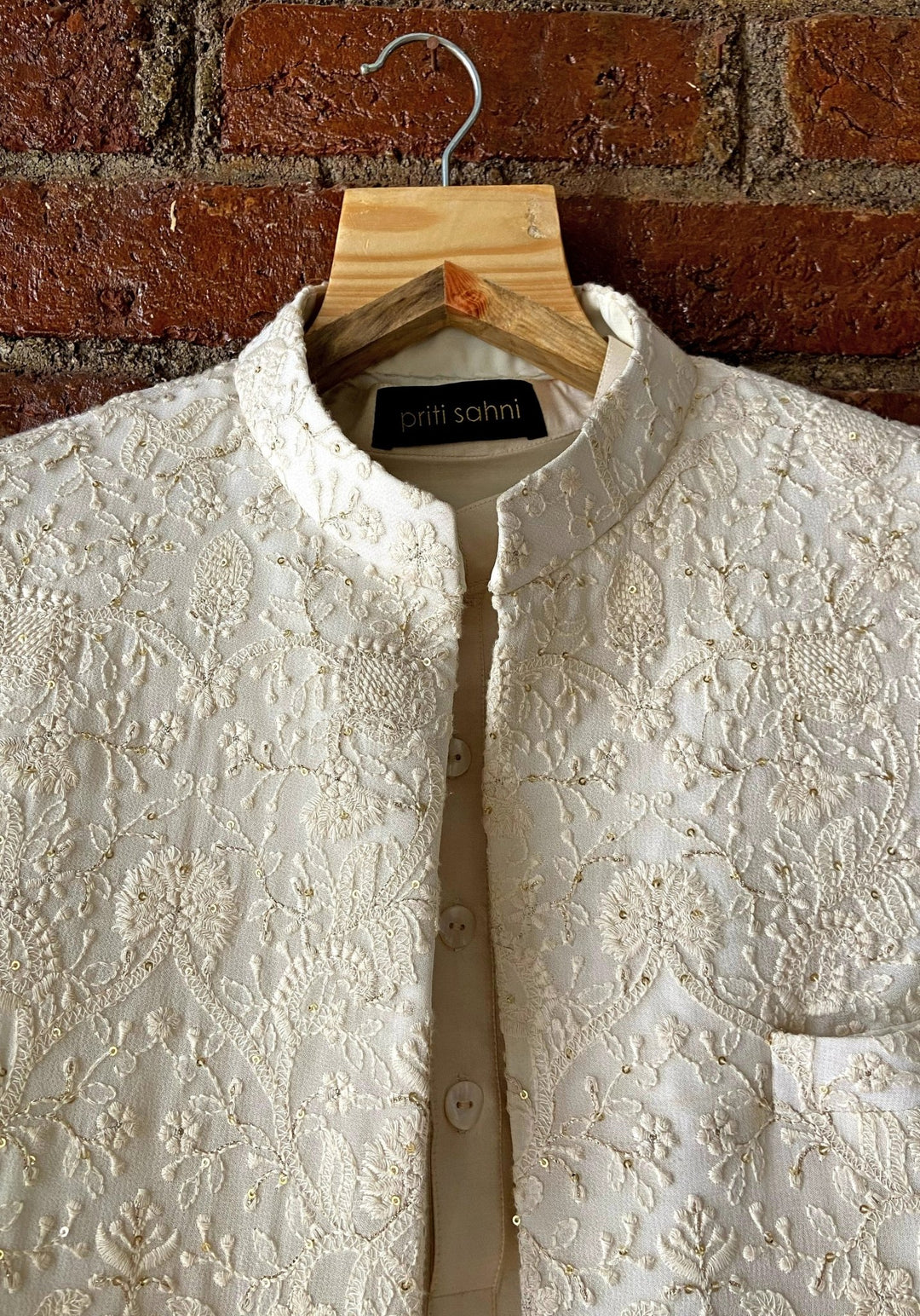 Ivory Thread Work Silk Sherwani Jacket Set Priti Sahni - Men - Fabilicious Fashion