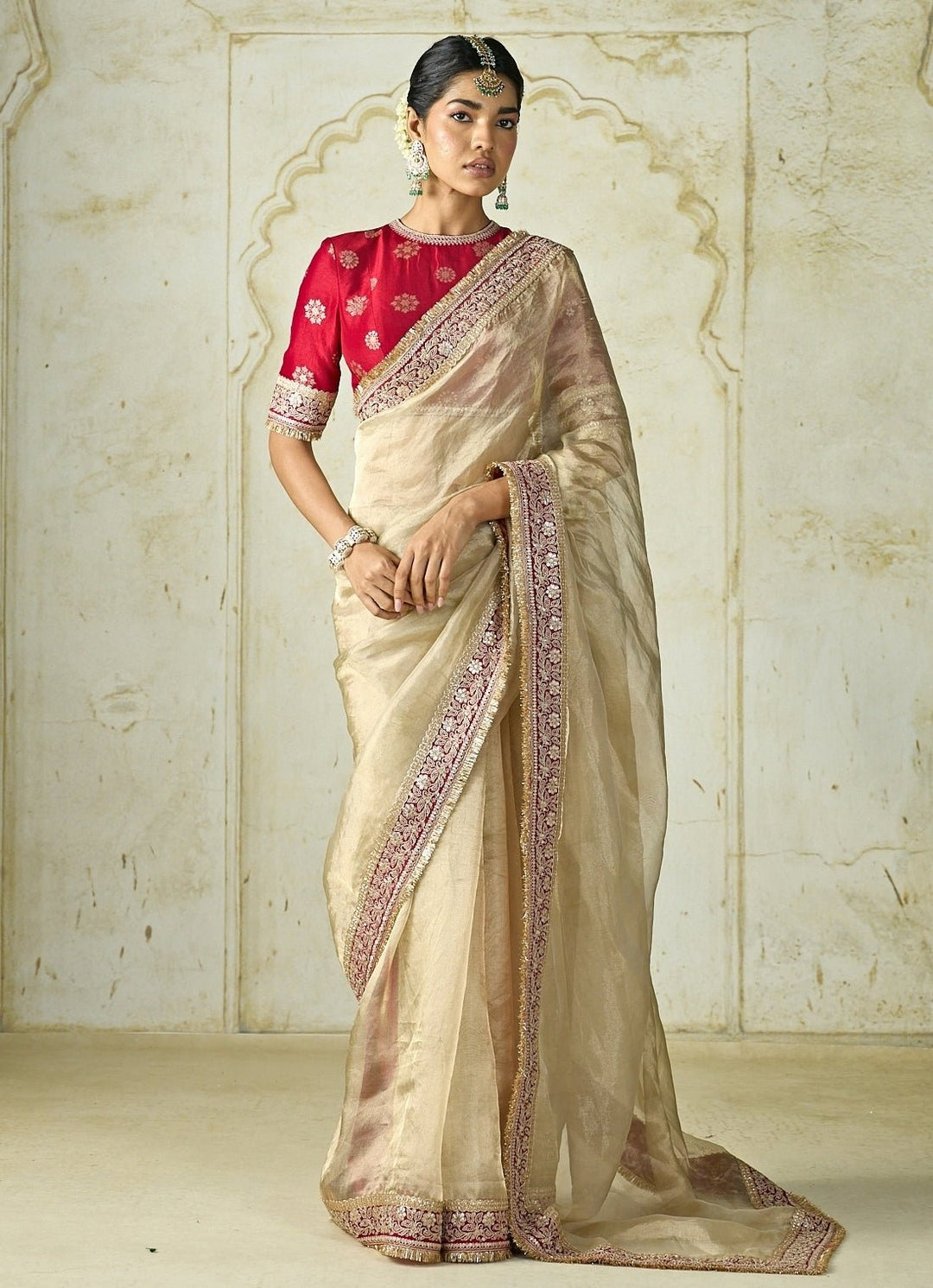 Gopi Vaid Ivory Tissue Organza Saree Set With Red BlouseFabilicious Fashion