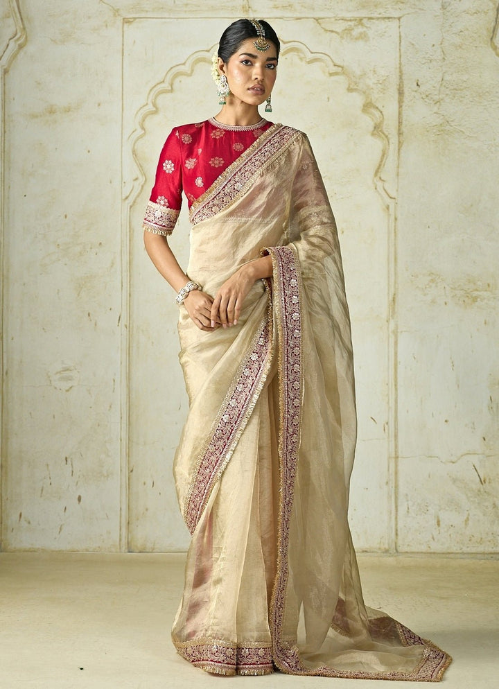 Gopi Vaid Ivory Tissue Organza Saree Set With Red BlouseFabilicious Fashion