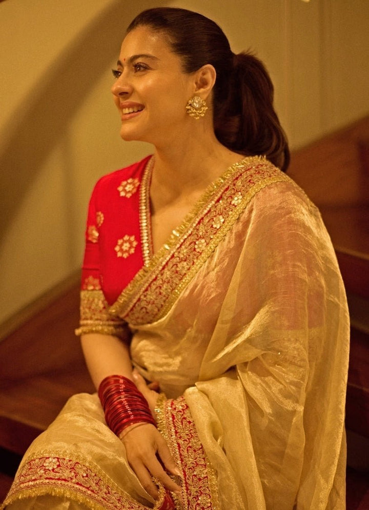 Gopi Vaid Ivory Tissue Organza Saree Set With Red BlouseFabilicious Fashion