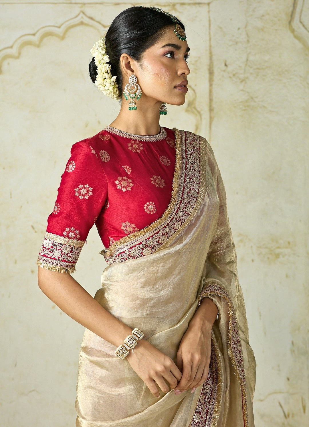 Gopi Vaid Ivory Tissue Organza Saree Set With Red BlouseFabilicious Fashion
