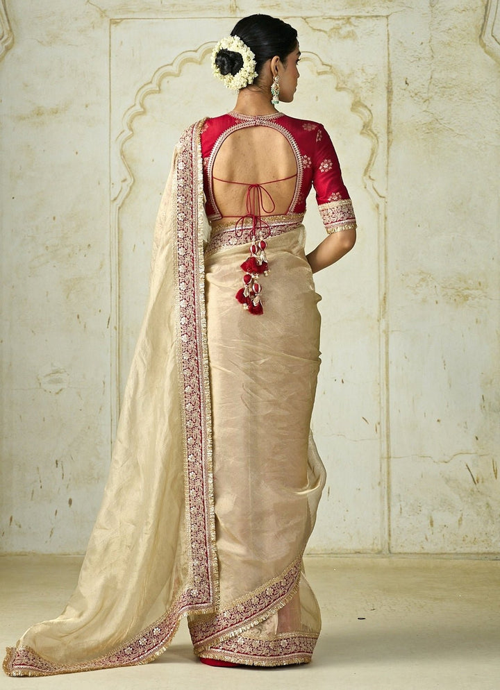 Gopi Vaid Ivory Tissue Organza Saree Set With Red BlouseFabilicious Fashion
