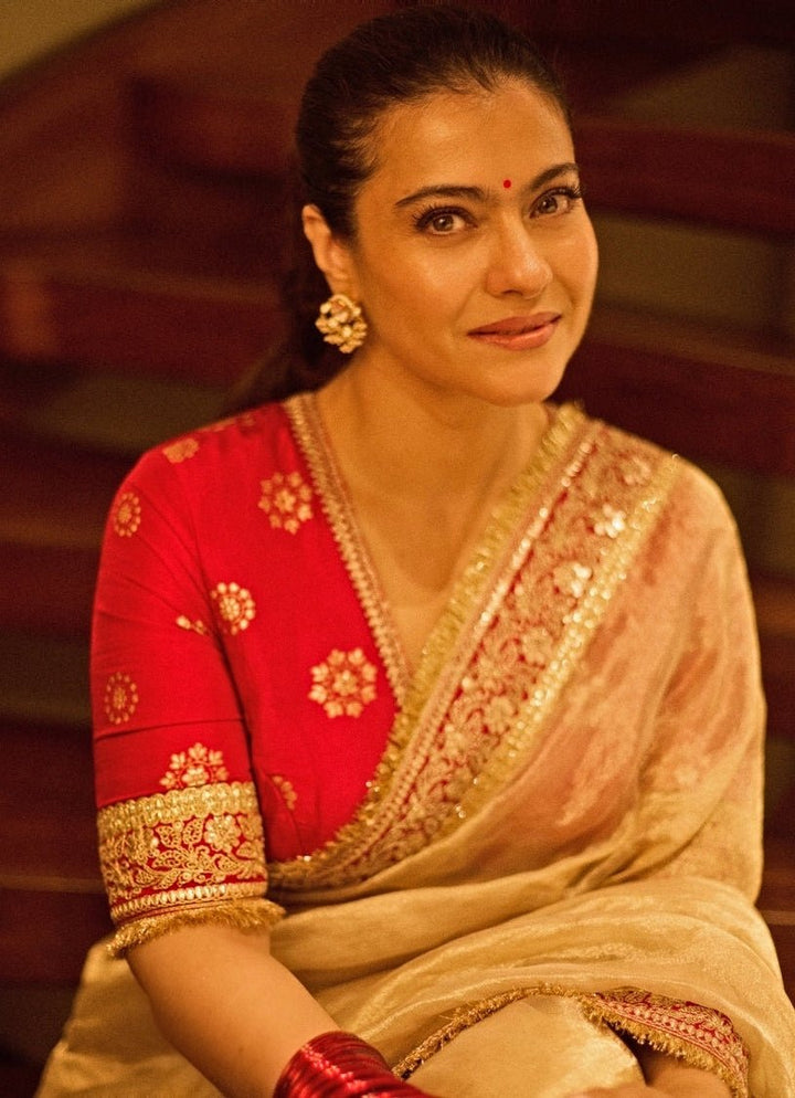 Gopi Vaid Ivory Tissue Organza Saree Set With Red BlouseFabilicious Fashion
