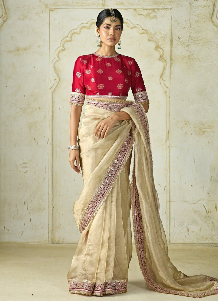 Gopi Vaid Ivory Tissue Organza Saree Set With Red BlouseFabilicious Fashion