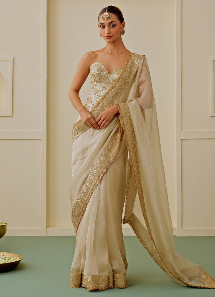 Gopi Vaid Ivory Tissue Saree Set With Corset BlouseFabilicious Fashion
