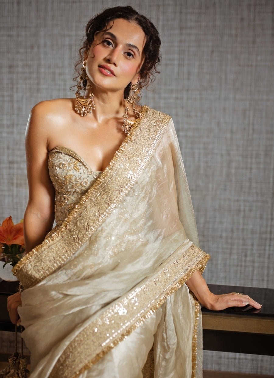 Gopi Vaid Ivory Tissue Saree Set With Corset BlouseFabilicious Fashion