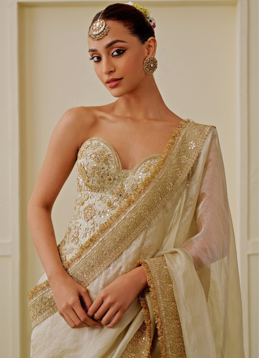 Gopi Vaid Ivory Tissue Saree Set With Corset BlouseFabilicious Fashion