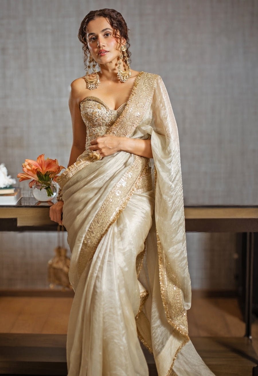 Gopi Vaid Ivory Tissue Saree Set With Corset BlouseFabilicious Fashion