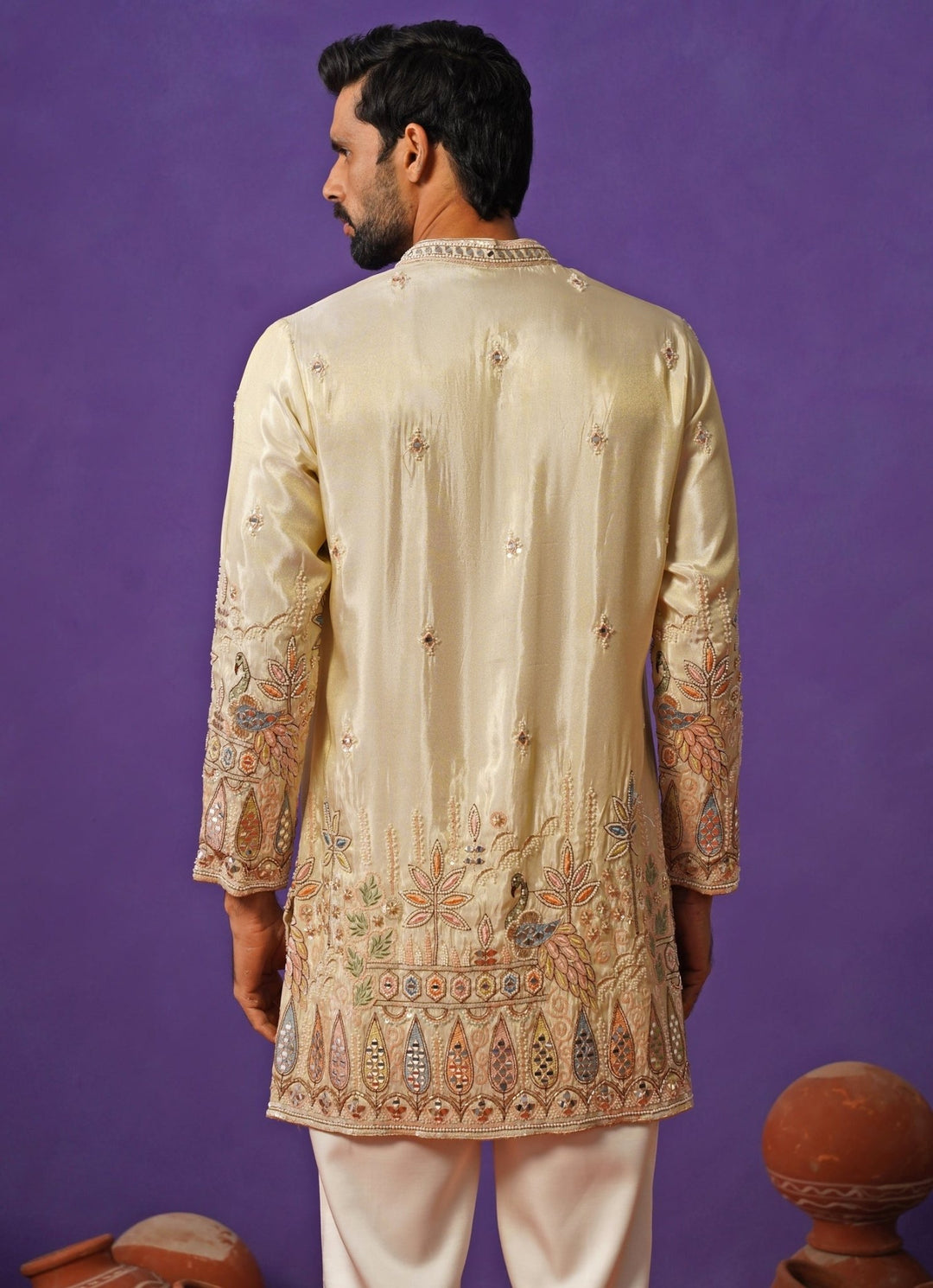 Ivory Tissue Silk Embroidered Short Kurta Set Kalpraag - Fabilicious Fashion