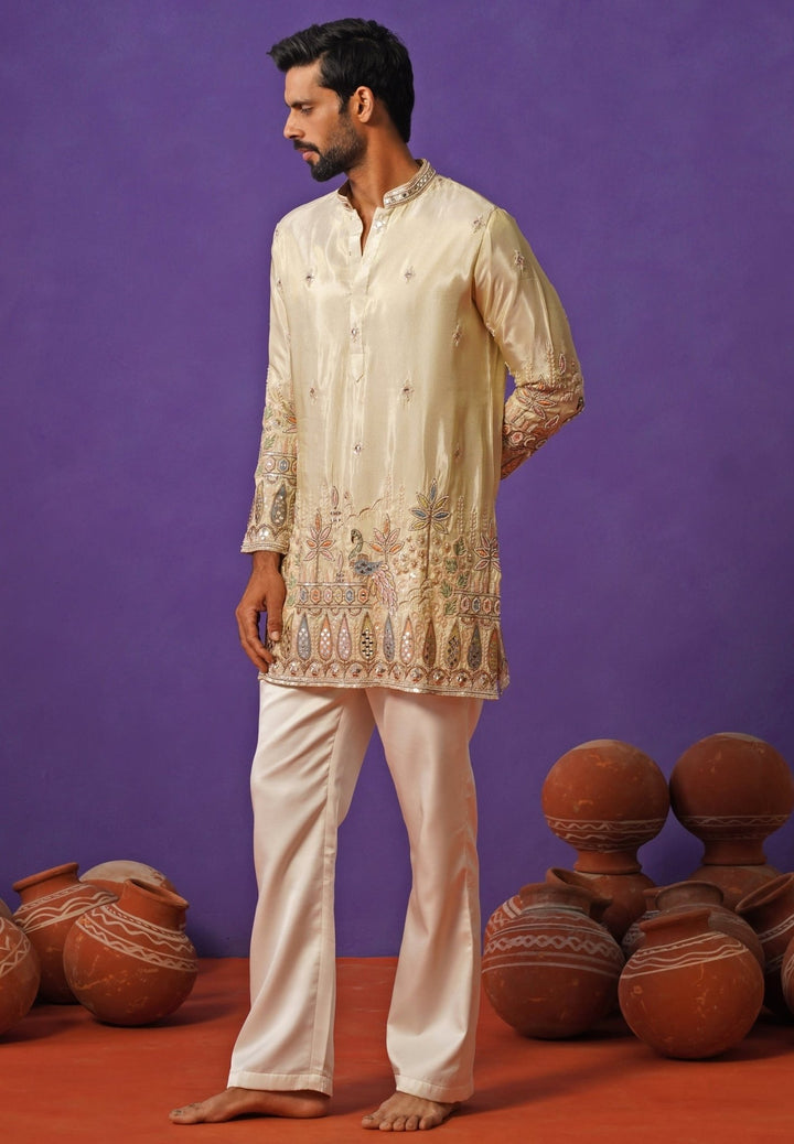 Ivory Tissue Silk Embroidered Short Kurta Set Kalpraag - Fabilicious Fashion