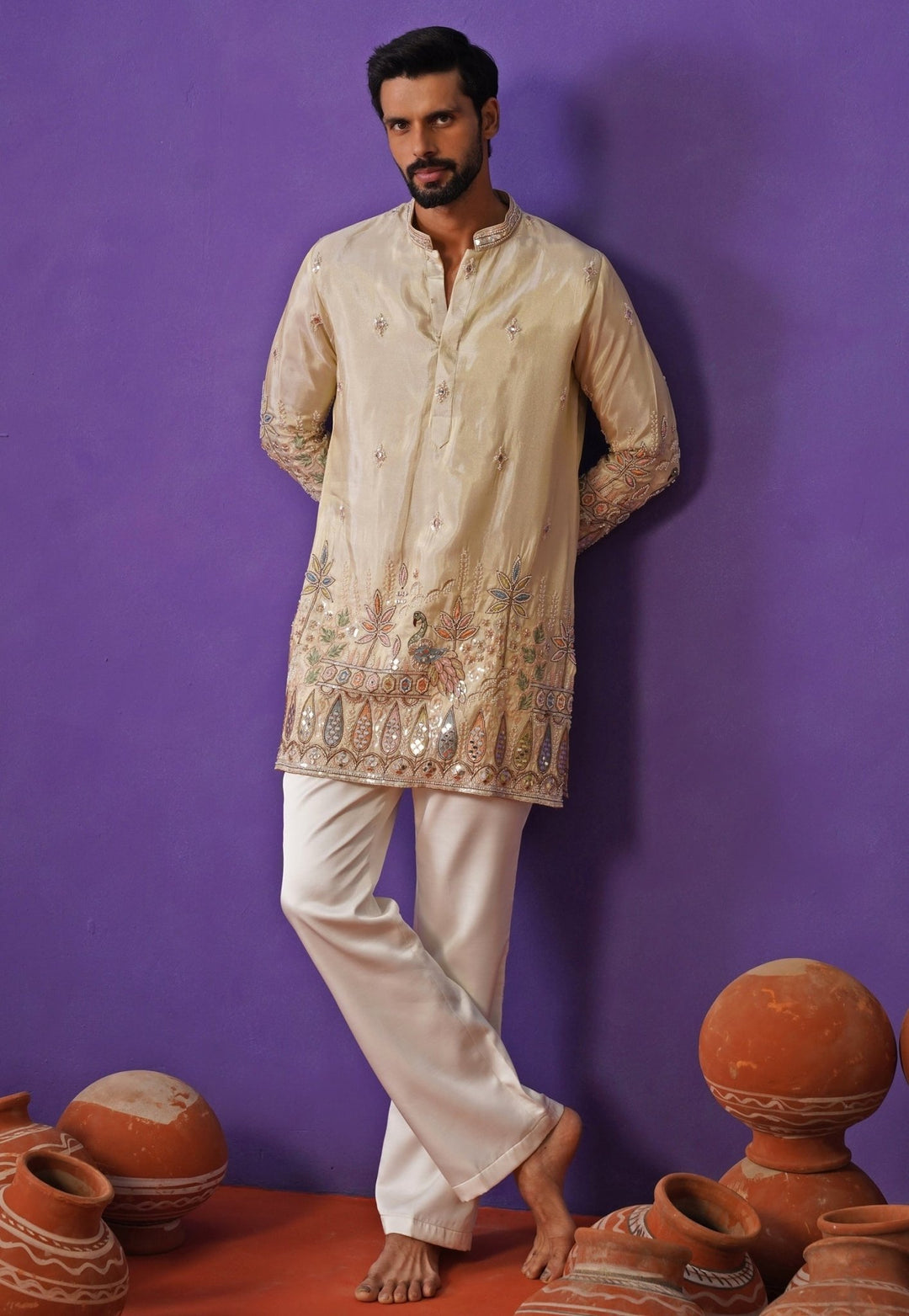 Ivory Tissue Silk Embroidered Short Kurta Set Kalpraag - Fabilicious Fashion