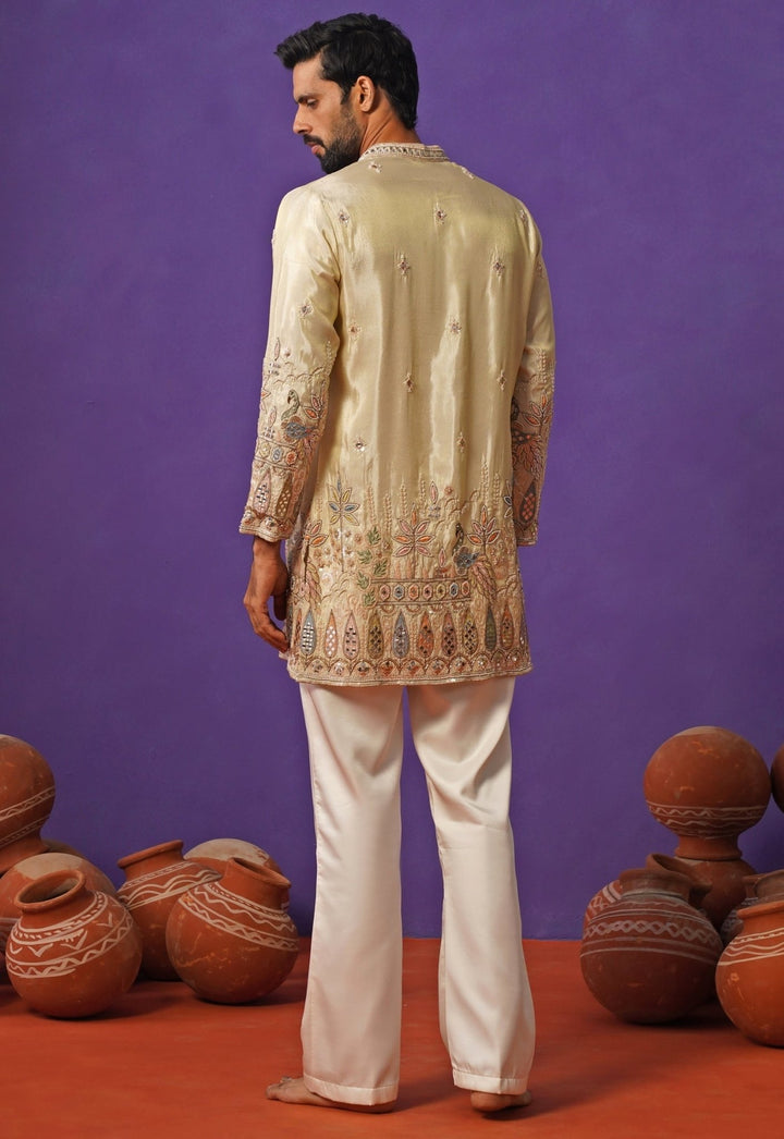 Ivory Tissue Silk Embroidered Short Kurta Set Kalpraag - Fabilicious Fashion