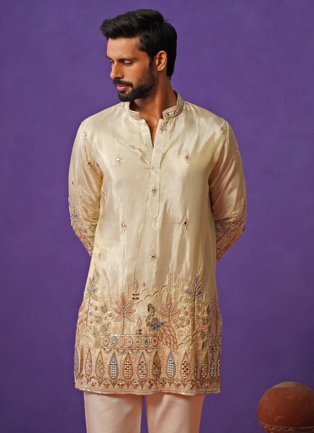 Ivory Tissue Silk Embroidered Short Kurta Set Kalpraag - Fabilicious Fashion