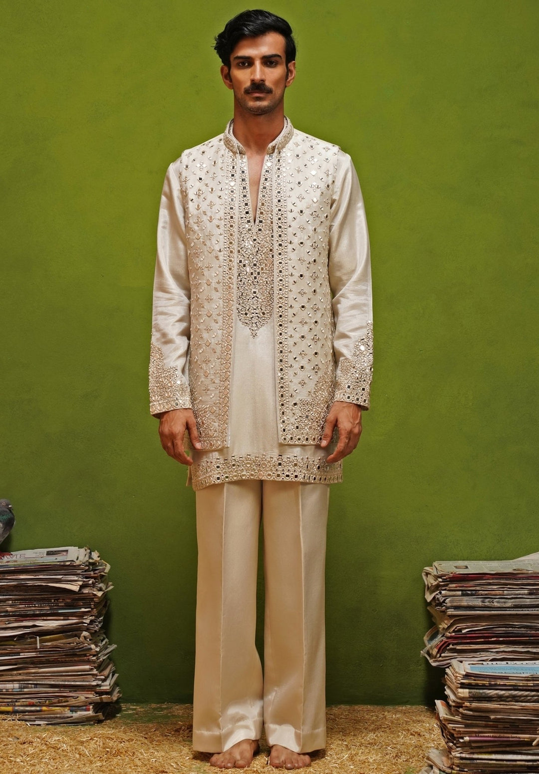Kalpraag Ivory Tissue Silk Nehru Jacket SetFabilicious Fashion