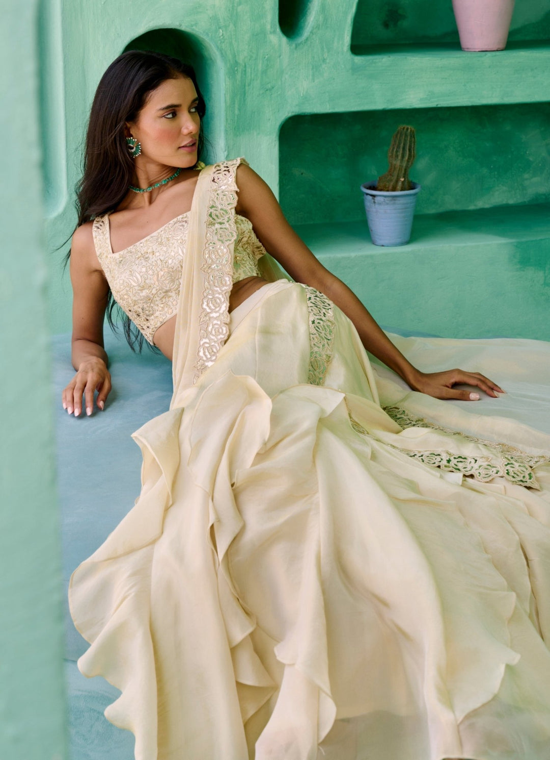 Ivory Tissue Silk Predraped Saree Set Chamee and Palak - Fabilicious Fashion