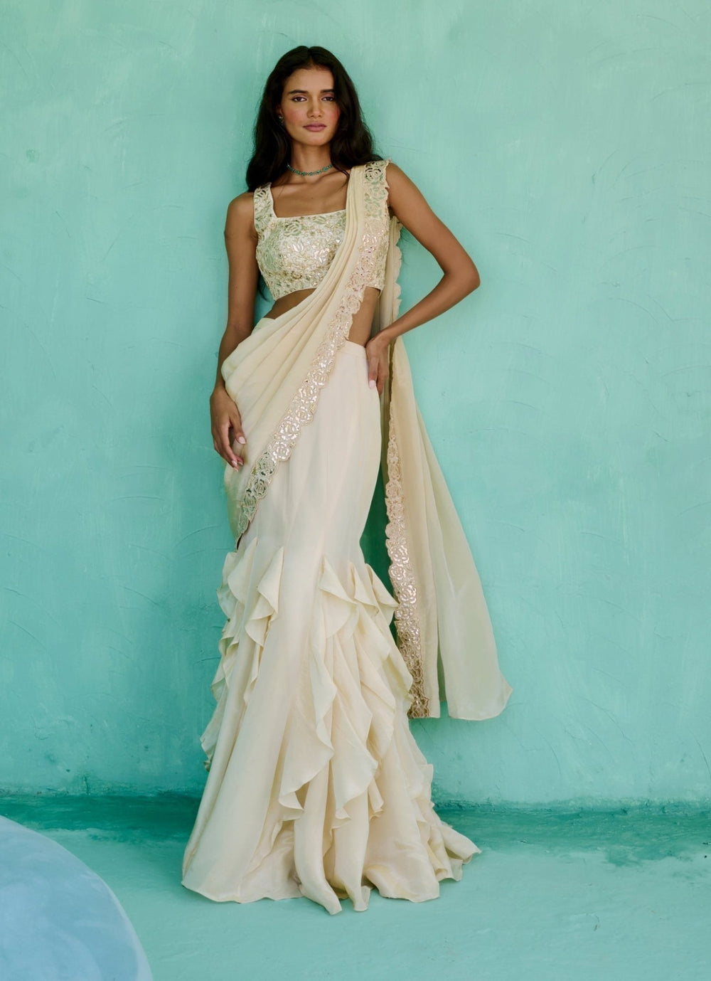 Ivory Tissue Silk Predraped Saree Set Chamee and Palak - Fabilicious Fashion