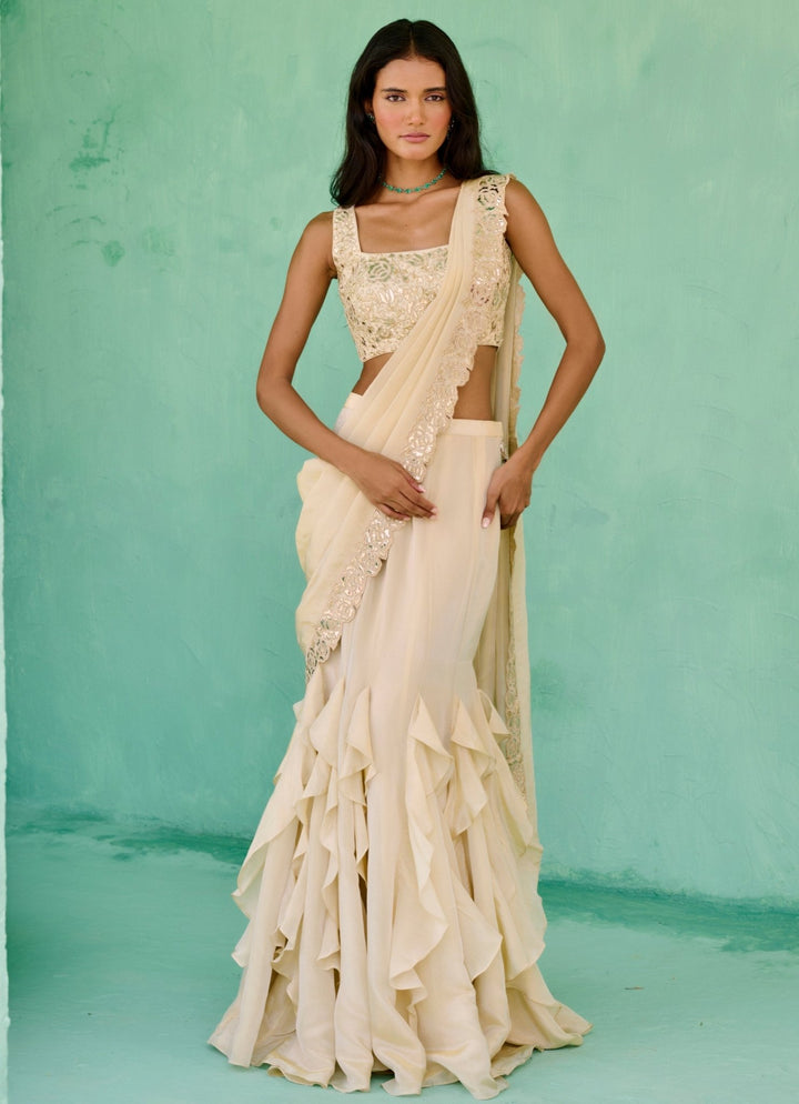 Ivory Tissue Silk Predraped Saree Set Chamee and Palak - Fabilicious Fashion
