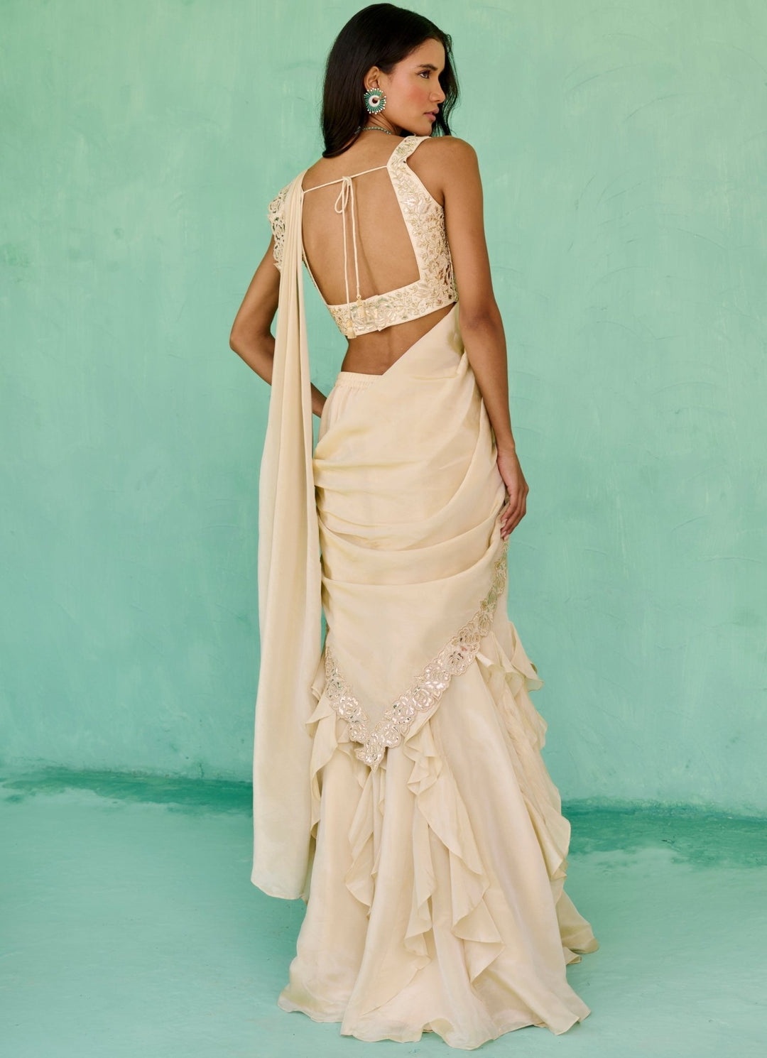 Ivory Tissue Silk Predraped Saree Set Chamee and Palak - Fabilicious Fashion