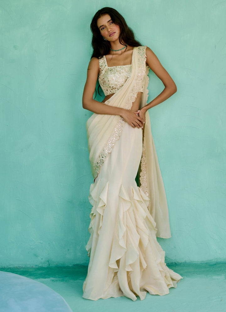 Ivory Tissue Silk Predraped Saree Set Chamee and Palak - Fabilicious Fashion