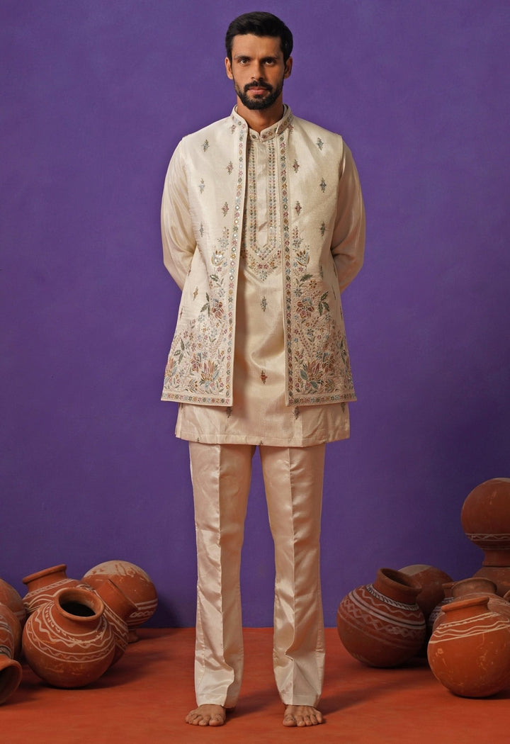 Kalpraag Ivory Tissue Silk Short Kurta Jacket SetFabilicious Fashion