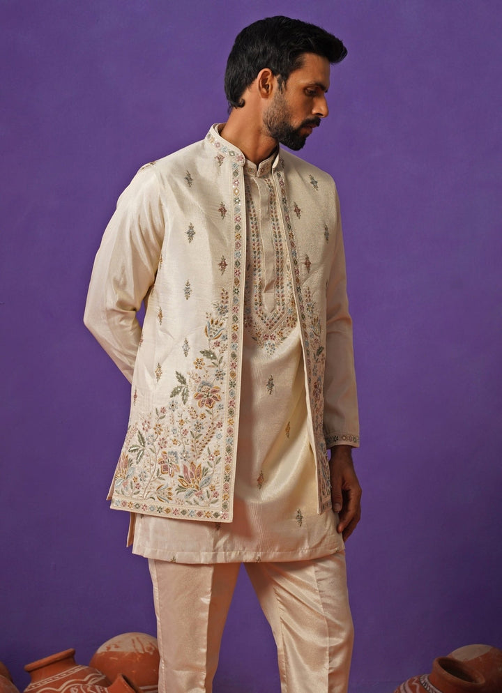 Kalpraag Ivory Tissue Silk Short Kurta Jacket SetFabilicious Fashion