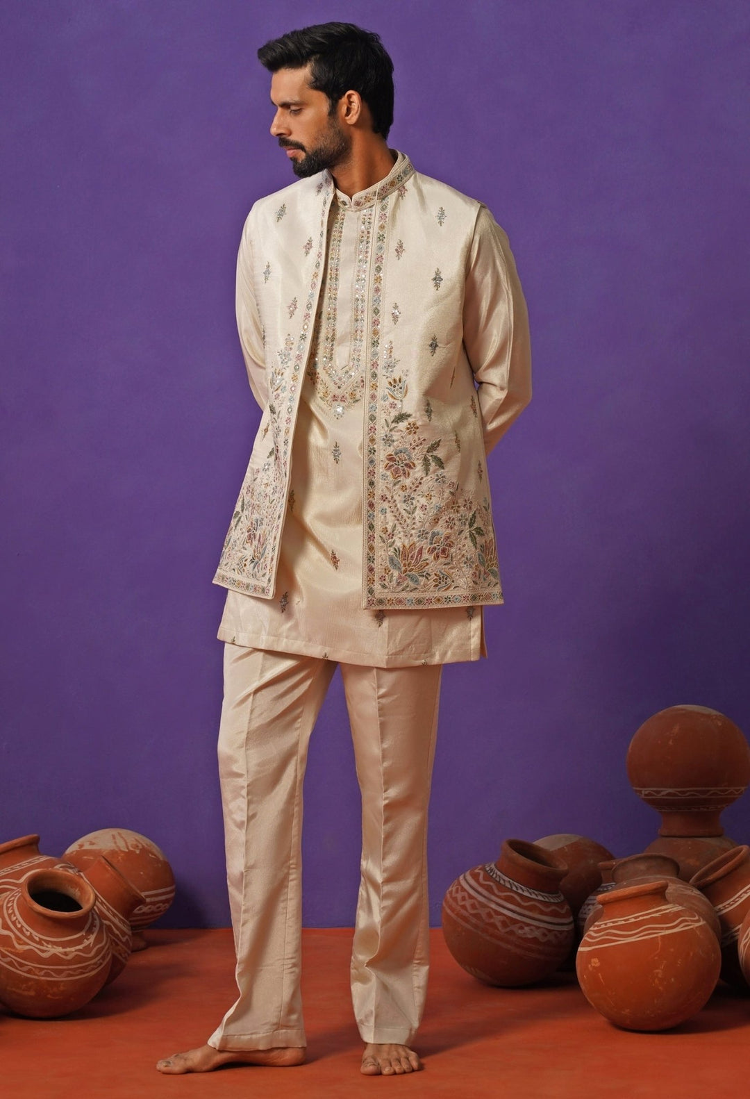 Kalpraag Ivory Tissue Silk Short Kurta Jacket SetFabilicious Fashion