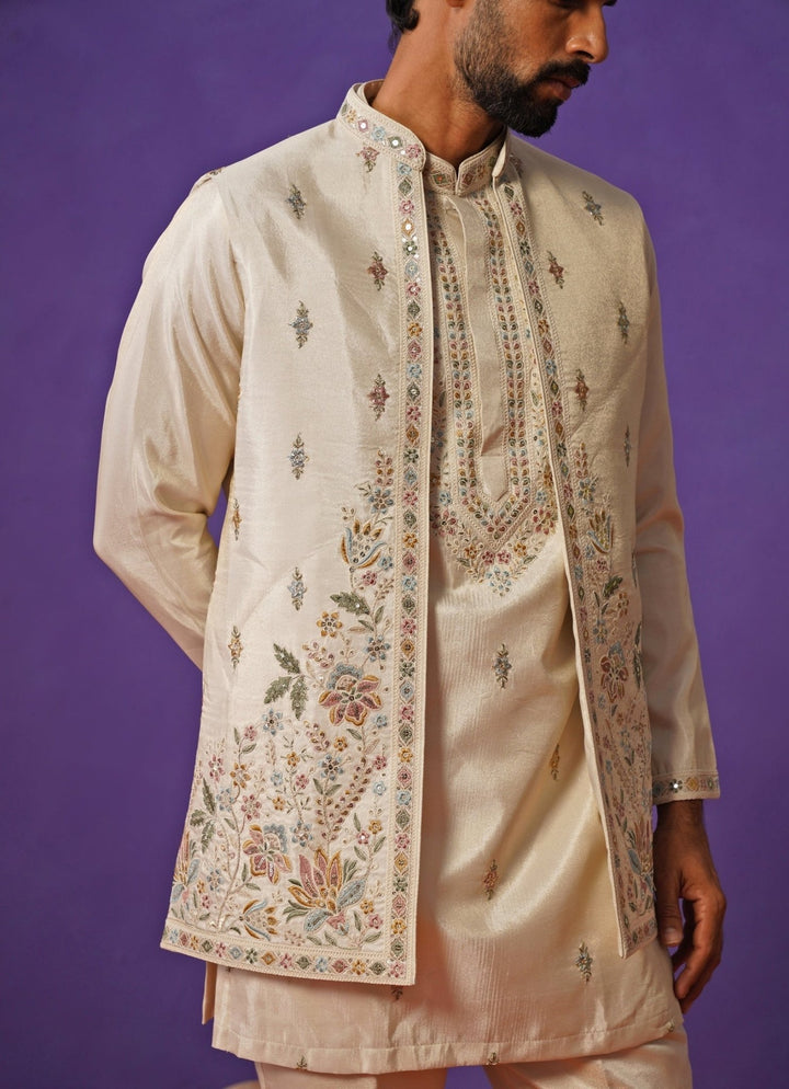 Kalpraag Ivory Tissue Silk Short Kurta Jacket SetFabilicious Fashion