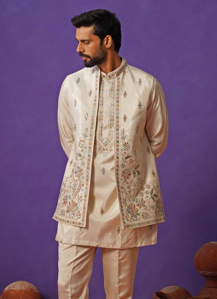 Kalpraag Ivory Tissue Silk Short Kurta Jacket SetFabilicious Fashion