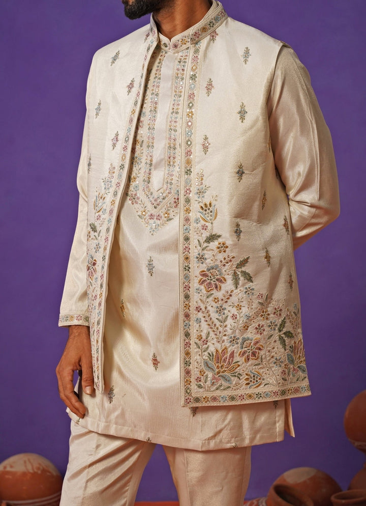 Kalpraag Ivory Tissue Silk Short Kurta Jacket SetFabilicious Fashion