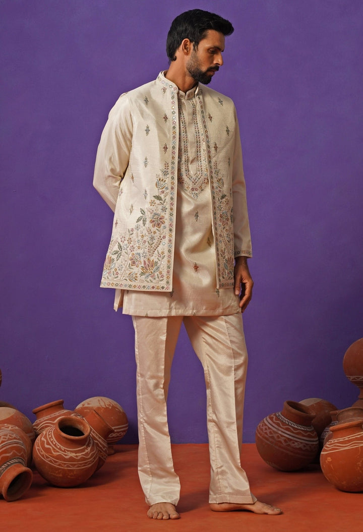 Kalpraag Ivory Tissue Silk Short Kurta Jacket SetFabilicious Fashion