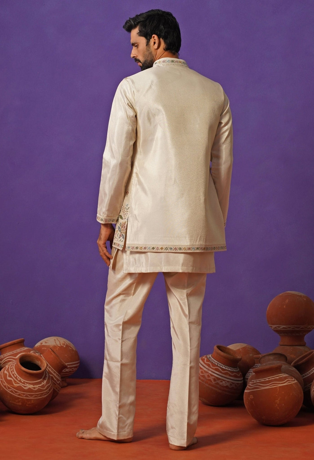 Kalpraag Ivory Tissue Silk Short Kurta Jacket SetFabilicious Fashion