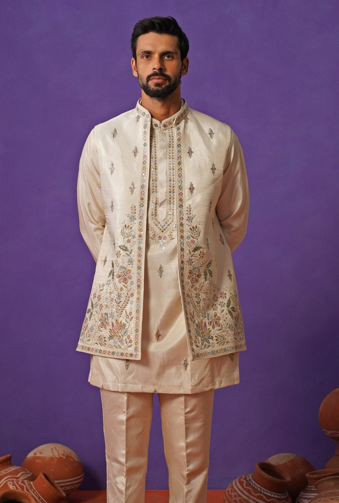 Kalpraag Ivory Tissue Silk Short Kurta Jacket SetFabilicious Fashion