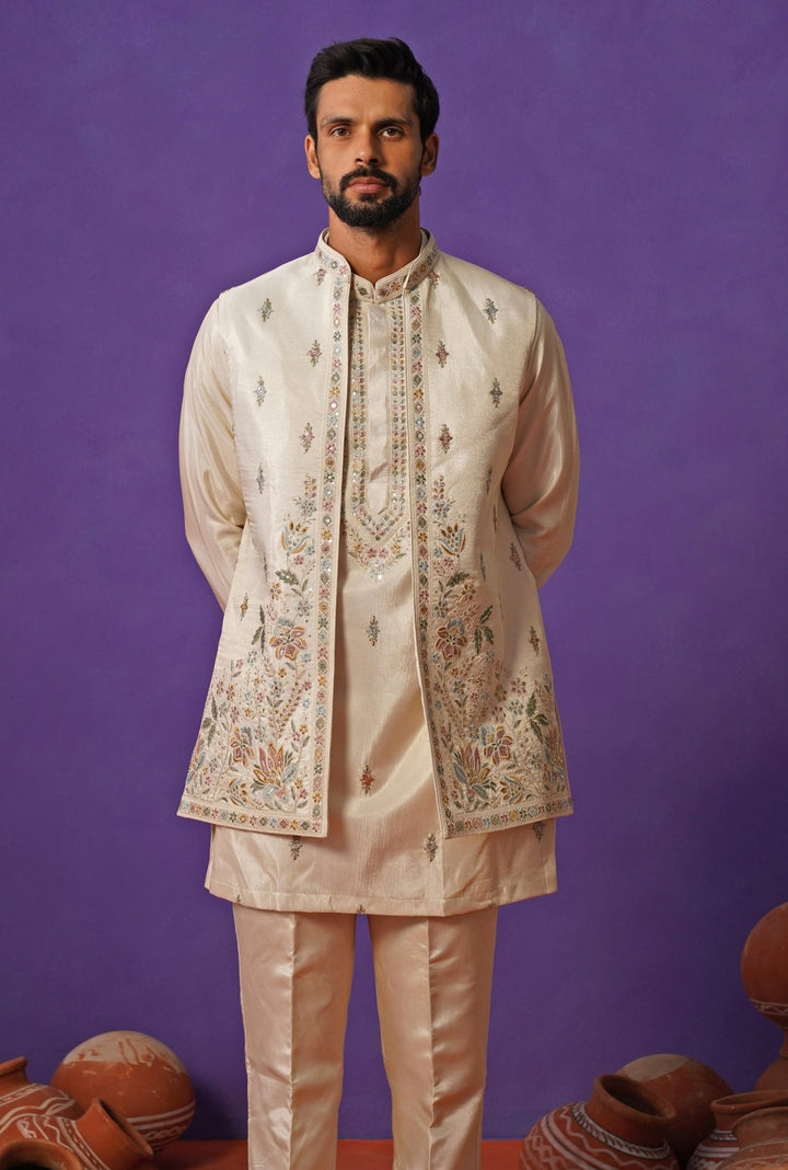 Kalpraag Ivory Tissue Silk Short Kurta Jacket SetFabilicious Fashion