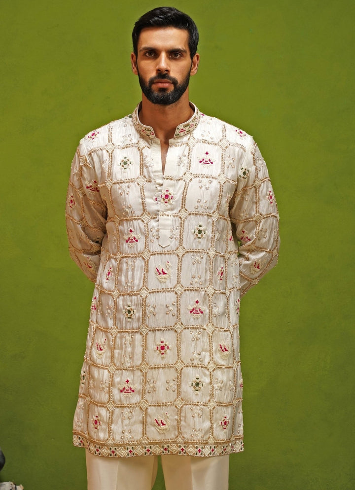 Kalpraag Ivory Tissue Silk Short Kurta Pants SetFabilicious Fashion