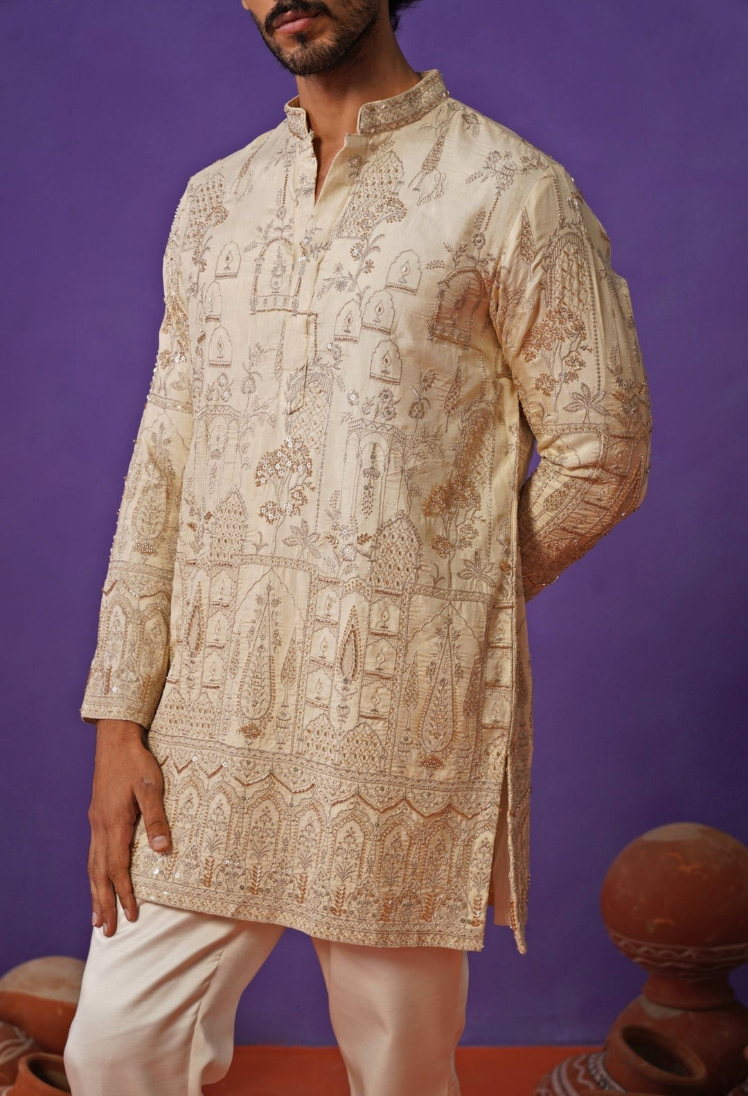 Kalpraag Ivory Tissue Silk Short Kurta SetFabilicious Fashion