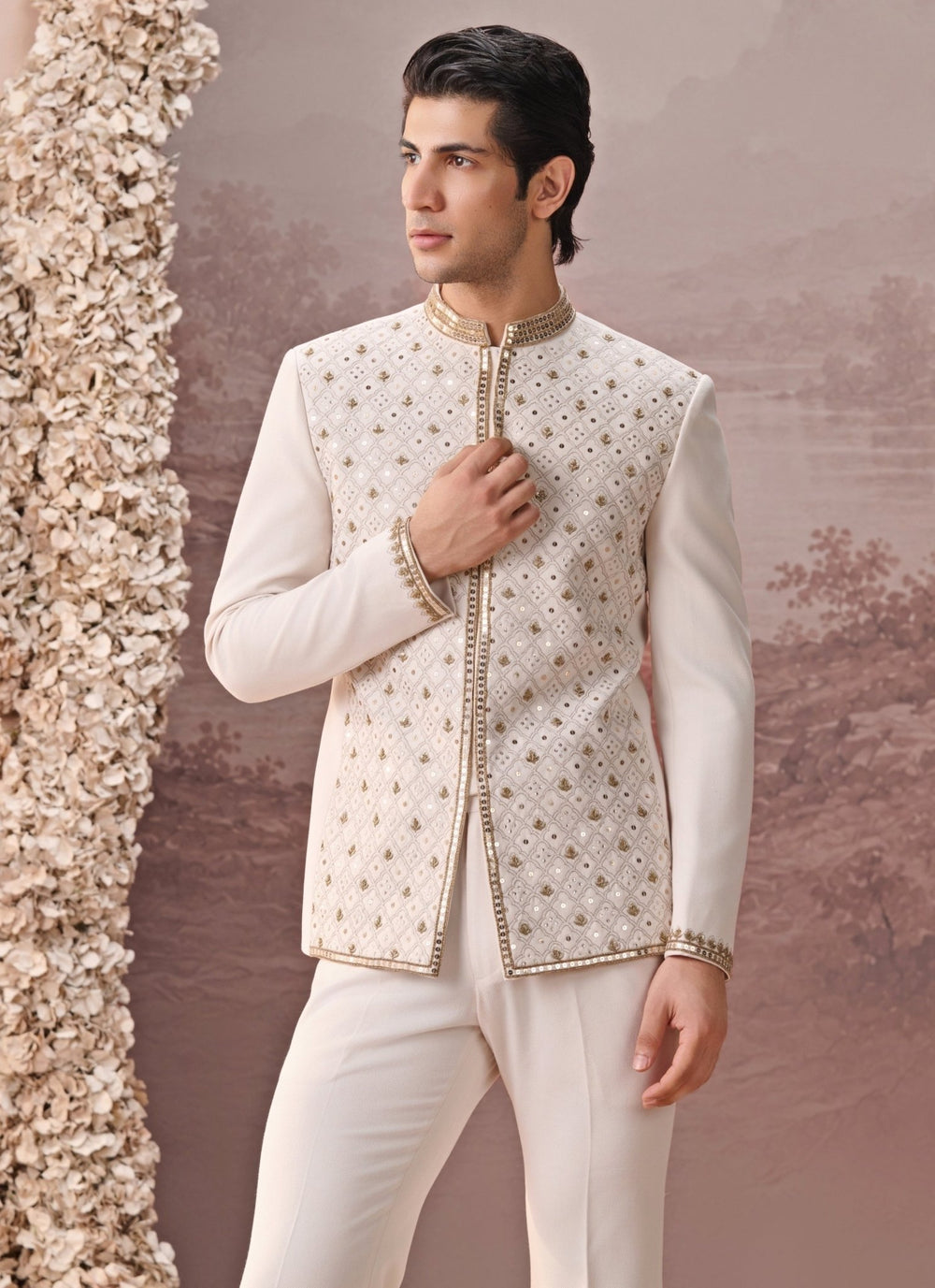 Contrast by Parth Ivory Twill Suiting Bandhgala SetFabilicious Fashion