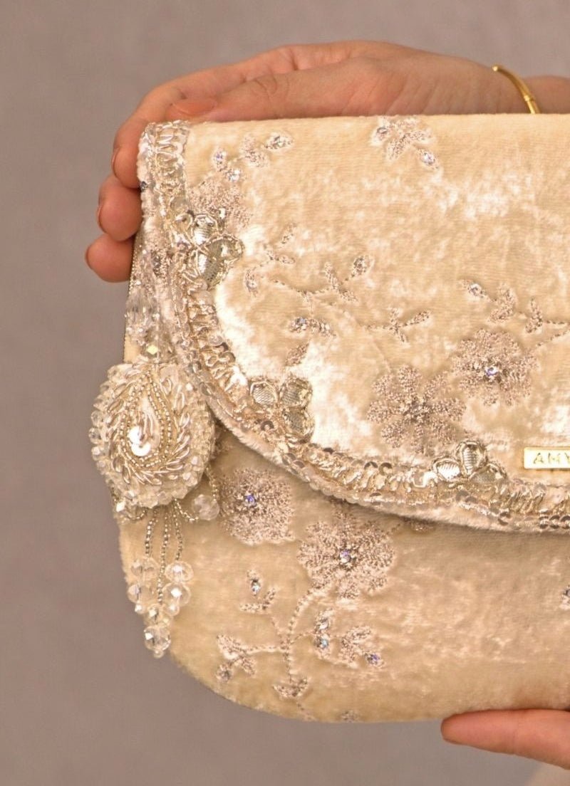 Ivory Velvet Embroidered Envelope Bag Amyra - Fabilicious Fashion