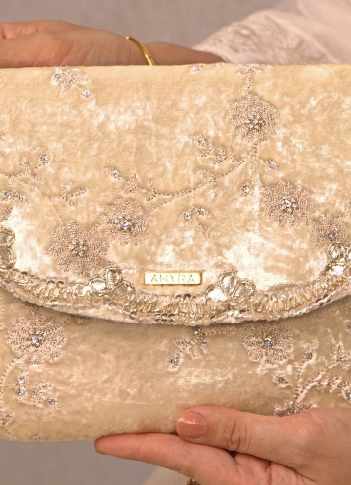 Ivory Velvet Embroidered Envelope Bag Amyra - Fabilicious Fashion