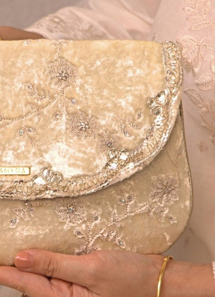 Ivory Velvet Embroidered Envelope Bag Amyra - Fabilicious Fashion