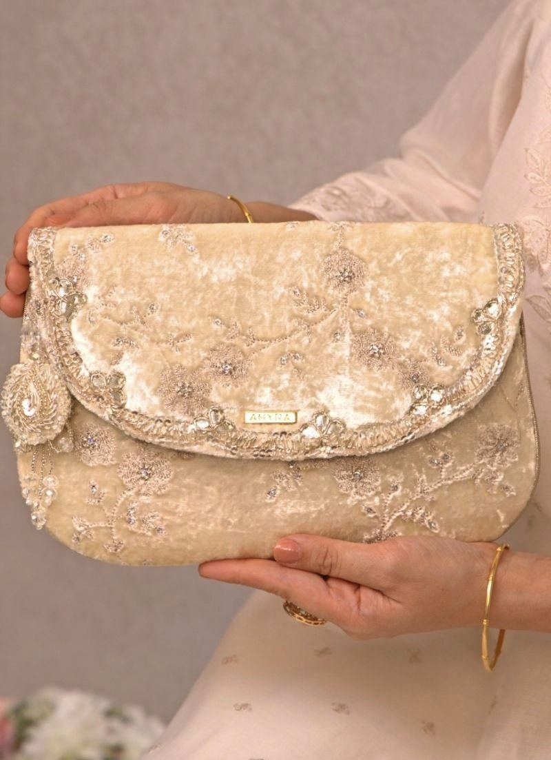 Ivory Velvet Embroidered Envelope Bag Amyra - Fabilicious Fashion